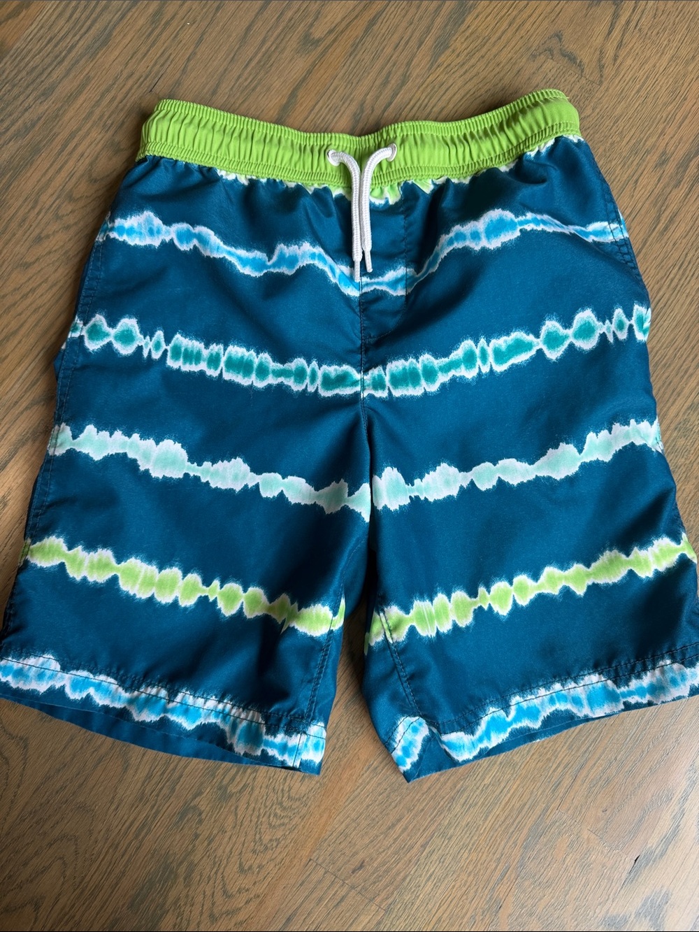 Lands' End Boys Teal Swim Trunks with Lime Waistband